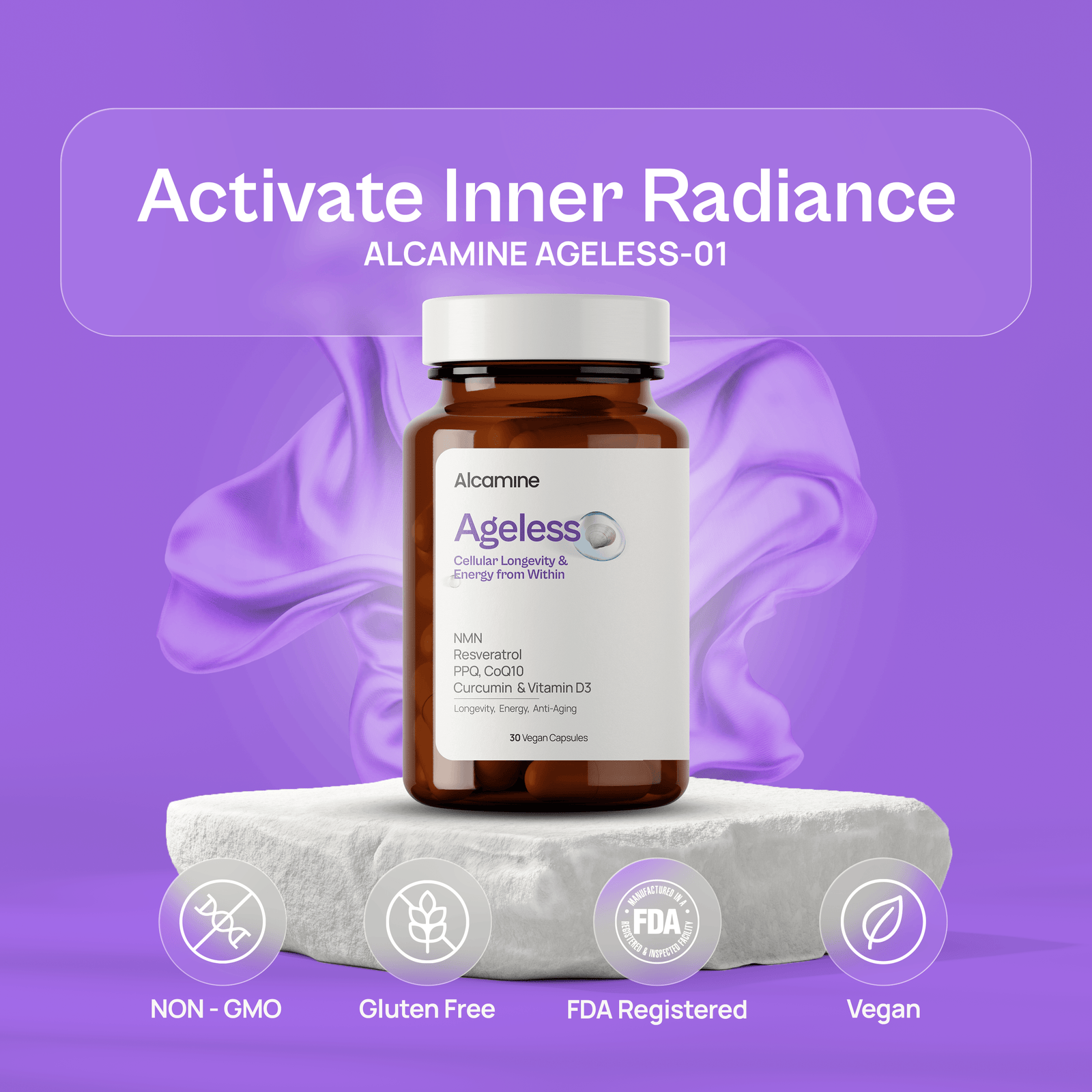 Alcamine Advanced Longevity Supplement with NMN, Resveratrol, CoQ10, PQQ, Curcumin, and Vitamin D3 (60 Capsules)