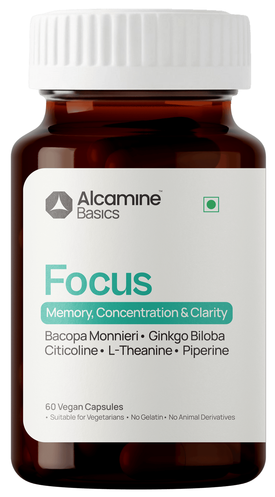 Alcamine ALC-FOCUS-PRO Brain Booster Supplement with Bacopa Monnieri, Ginkgo Biloba, Citicoline, L-Theanine, and Piperine (60 Capsules)