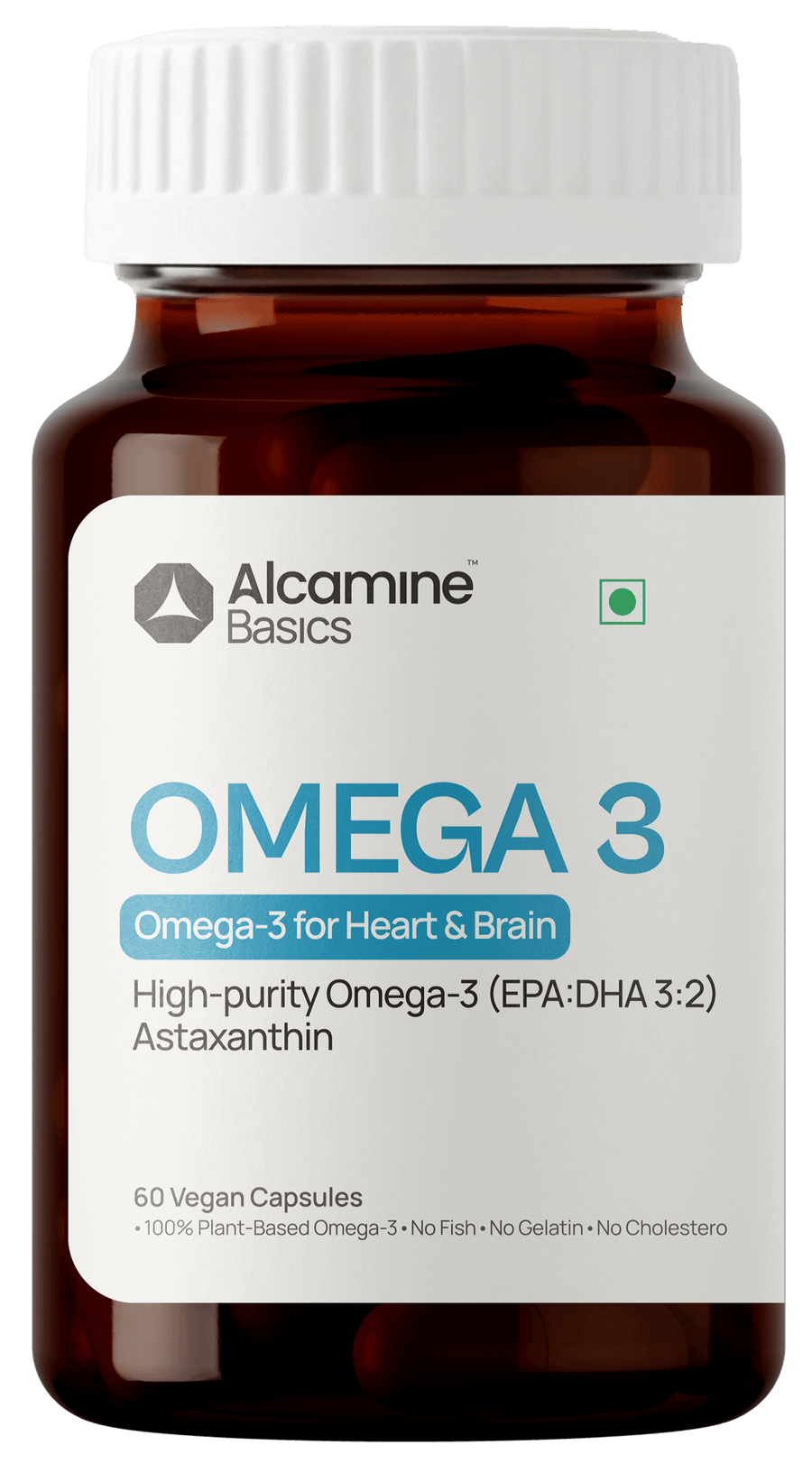 Alcamine Algal Omega-3 (EPA:DHA 3:2) & Astaxanthin Powder Capsules for Advanced Antioxidant Support (60 Capsules)