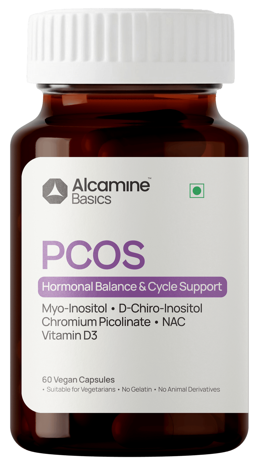 Alcamine PCOS & Hormonal Balance Supplement with Myo & D-Chiro Inositol (40:1 Ratio), NAC, Chromium & Vitamin D3 (60 Capsules)